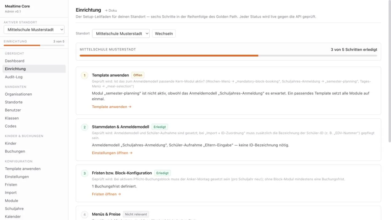 Mealtime Core Setup-Leitfaden für die fiktive Mittelschule Musterstadt