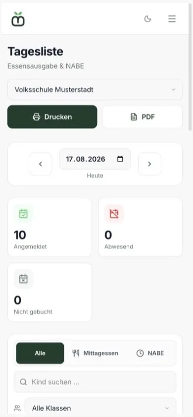 Mobile Ausgabe-Tagesliste der fiktiven Muster Gemeinde