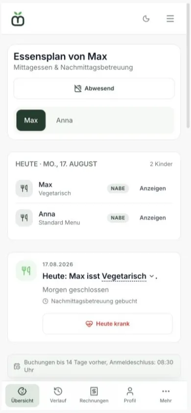 Mobile Elternansicht mit Essensplan für fiktive Demo-Kinder