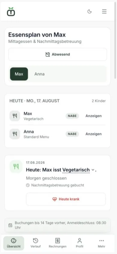 Mobile Mealtime Elternansicht mit Essensplan für fiktive Demo-Kinder